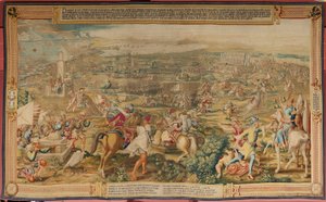 Flämischer Wandteppich. Serie Die Eroberung von Tunis. Der Angriff auf La Goleta. Vierter Wandteppich der Serie. Modell Jan Vermeyen und Pieter Coecke van Aelst. 1543-1548. Herstellung Real Fábrica de Tapices de Santa Bárbara, Madrid von Jan Cornelisz Vermeyen