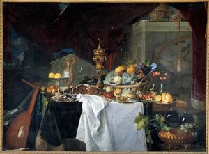 Ein Stillleben mit Desserttisch, bedeckt mit Gerichten und Musikinstrument. Gemälde von Jan David Heem (1606-1684) 1640