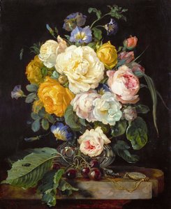 Barock: Stillleben mit Pfingstrosen, Kirschen und einer Taschenuhr von Jan Davidsz de Heem