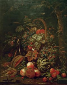 Stilleben mit Fruchtkorb, Kürbis, Melone und Pfirsiche an einer Eiche