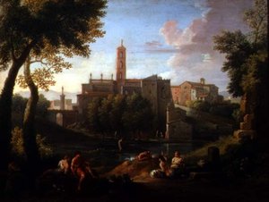 Landschaft mit Figuren in der Nähe einer Stadt
