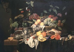 Stillleben mit Zinnkrug, Hackfleischpastete und Obst