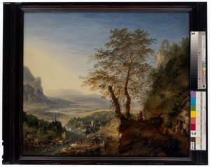 Eine weite Flusslandschaft mit vertäuten Booten, Figurengruppen und einer marschierenden Armee