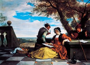 Zwei Männer und eine junge Frau machen Musik auf der Terrasse von Jan Havicksz. Steen