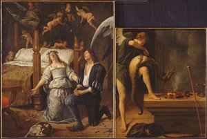 Tobias und Sarah mit dem Erzengel Raphael, der den Dämon Asmodeus exorziert, wieder zusammengesetzt aus zwei getrennten Fragmenten