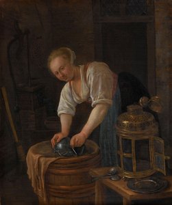 Frau, die Metallwaren scheuert, 1650-60