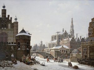 Eine Capriccio-Ansicht einer Stadt mit Figuren auf einem zugefrorenen Kanal