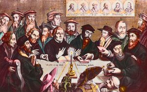 Das Licht wird auf den Leuchter gestellt - Kupferstich von Jan Houwens, der die Reformatoren John Calvin und Martin Luther zeigt. Imaginäres Treffen der Reformatoren: John Wyclif von Jan Houwens
