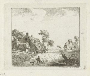 Landschaft mit Hirte und Schafen bei zwei Bauernhöfen