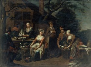 Eine Gruppe von Bauern, Gemüse und Obst von Jan Josef the Elder Horemans