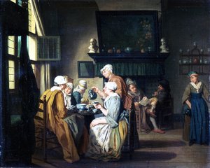 Bürgerliches Interieur mit Damen beim Teetrinken, ein Mann liest am Kamin