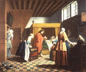 Die Besuche des Arztes - Ein niederländisches Sprichwort: Der Arzt wird als Christus dargestellt (eines von vier)