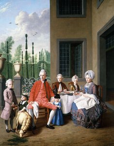 Gruppenporträt der Familie van den Bosch, beim Essen vor einem Haus, ein Formschnittgarten dahinter, 1777 von Jan Josef the Younger Horemans