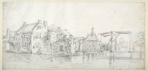 Ein Kanal mit Gebäuden, darunter ein Zollhaus und eine Zollbrücke, um 1650