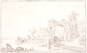 Flusslandschaft mit einer Ruine