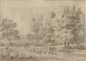 Landschaft mit Bäumen, Reitern und einigen Kühen an einer Tränke