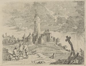 Landschaft mit Schloss und drei Männern