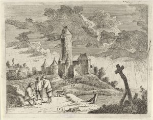 Landschaft mit Schloss und drei Männern