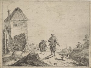 Zwei Bauern mit einem Hund auf einem Feldweg