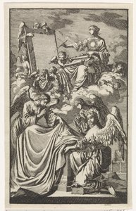 Allegorische Frauenfigur beschreibt in den Wolken ein Paneel von Jan Luyken