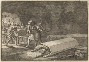 Bestattungsdiener in Rom sehen, dass Antonio Marlini, den sie einige Tage zuvor in einem Gewölbe beigesetzt hatten, nur scheintot gewesen sein muss, 1696 von Jan Luyken