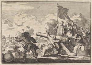 Belagerung von Groningen, bei der eine Kanone von sechs Mönchen gesegnet wird, 1672 von Jan Luyken