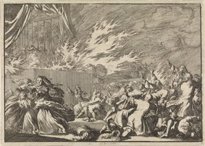 Brand eines Holzschuppens mit einer Theatervorstellung neben Schloss Amalienborg in Kopenhagen, 1689 von Jan Luyken