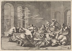 Im polnischen Dorf Perzyn sterben 23 Menschen durch einen Blitzschlag während eines Taufmahls, 1676 von Jan Luyken