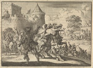 Kaiserlicher Befehlshaber Dampier fällt vom Pferd nach einem Schuss von den Mauern von Presburg (Bratislava), 1620 von Jan Luyken