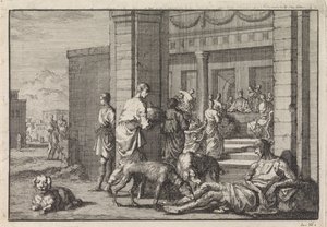 Lazarus bettelt am Festmahl des reichen Mannes