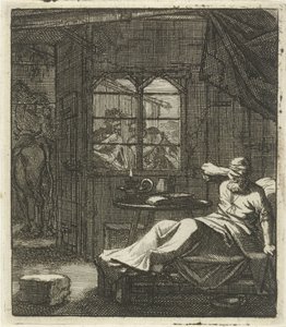 Mann beobachtet durch das Fenster zwei Diebe, die sich bereitmachen, eine Kuh zu stehlen von Jan Luyken