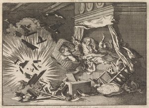 Explosion einer Bombe in einem Haus an der Ebbingestraat in Groningen, 1672 von Jan Luyken