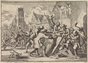 Aufruhr in Dordrecht, bei dem ein Bild von Cornelis de Witt vom Volk zerstört wird, 1672 von Jan Luyken