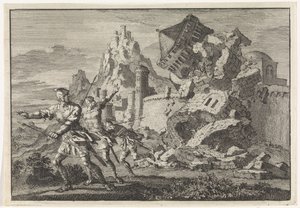 Römische Soldaten lassen einen Turm auf der Mauer von Gamala durch Untergrabung einstürzen von Jan Luyken