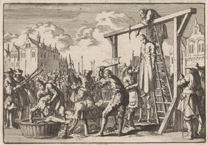 In London wird der Jesuit William Ireland gehängt und John Grove wird wegen eines geplanten Königsmordes gevierteilt, 1679 von Jan Luyken