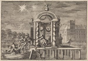 Fliehende Pyrotechniker bei einer großen Dekoration am Vijverberg in Den Haag zu Ehren der Geburt des Sohnes von König Jakob II., 1688 von Jan Luyken