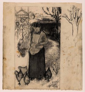 Annie Mankes-Zernike beim Hühner füttern, rechts: Studien eines Baumes und von Hühnern von Jan Mankes