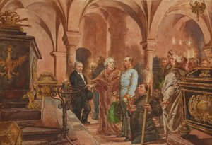 Der Kaiser vor dem Sarkophag von König Jan III Sobieski in der Krypta von St. Leonard in der Kathedrale auf dem Wawel