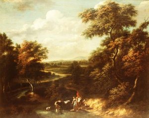 Weitläufige bewaldete Landschaft mit einem Hirten und einem Bauernmädchen