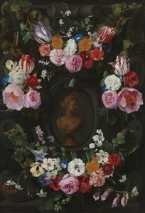Kartusche verziert mit Girlanden und Blumensträußen