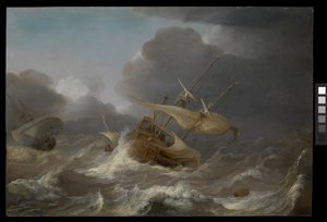Niederländische Schiffe in einem Sturm, ca. 1620 (Öl auf Holz) von Jan Porcellis