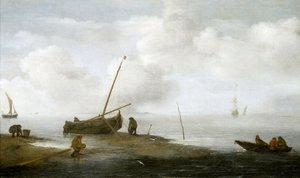 Muschelfischen, ein Fischerboot am Ufer und drei Männer, die Muscheln in ihre Körbe sammeln. Öl auf Leinwand 1622, von Jan Porcellis (1580-1632) von Jan Porcellis