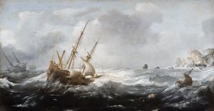 Schiffe in einem Sturm an einer felsigen Küste von Jan Porcellis
