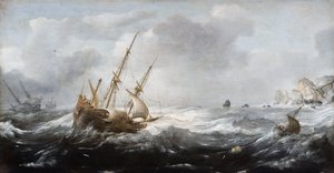 Schiffe in einem Sturm an einer felsigen Küste, 1614-1618 von Jan Porcellis