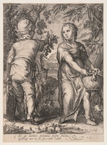 Herbst (Junge und Mädchen ernten Früchte), aus Die vier Jahreszeiten von Jan Saenredam