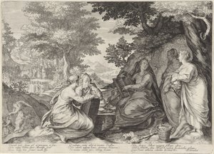Fünf kluge Jungfrauen in einer Landschaft mit der Predigt von Johannes dem Täufer (Gleichnis von den klugen und törichten Jungfrauen)