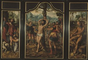 Triptychon des Martyriums des Heiligen Sebastian (Mittelteil): Heiliger Rochus (linkes Panel), Heiliger Onuphrius (rechtes Panel), Heiliger Petrus (Rückseite des rechten Panels), Heiliger Stephanus (Rückseite des linken Panels), zwischen 1525 und 1566 von Jan Sanders van Hemessen