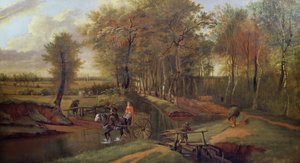 Eine bewaldete Flusslandschaft mit Figuren, Pferd und Wagen, 1692