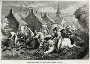 Ochsenrennen in Braesschaet, Dorf im Polder, um das Tier zu feiern, das bei allen schweren Arbeiten eingesetzt wird, es wird dann mit Blumenkränzen geschmückt, von seinem Vieh bestiegen für ein Rennen durch das Dorf und unter dem Jubel der Menge. Gravur vo von Jan Stobbaerts
