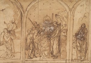 Entwurf für ein Triptychon mit der Anbetung der zwei Heiligen, frühes 17. Jahrhundert